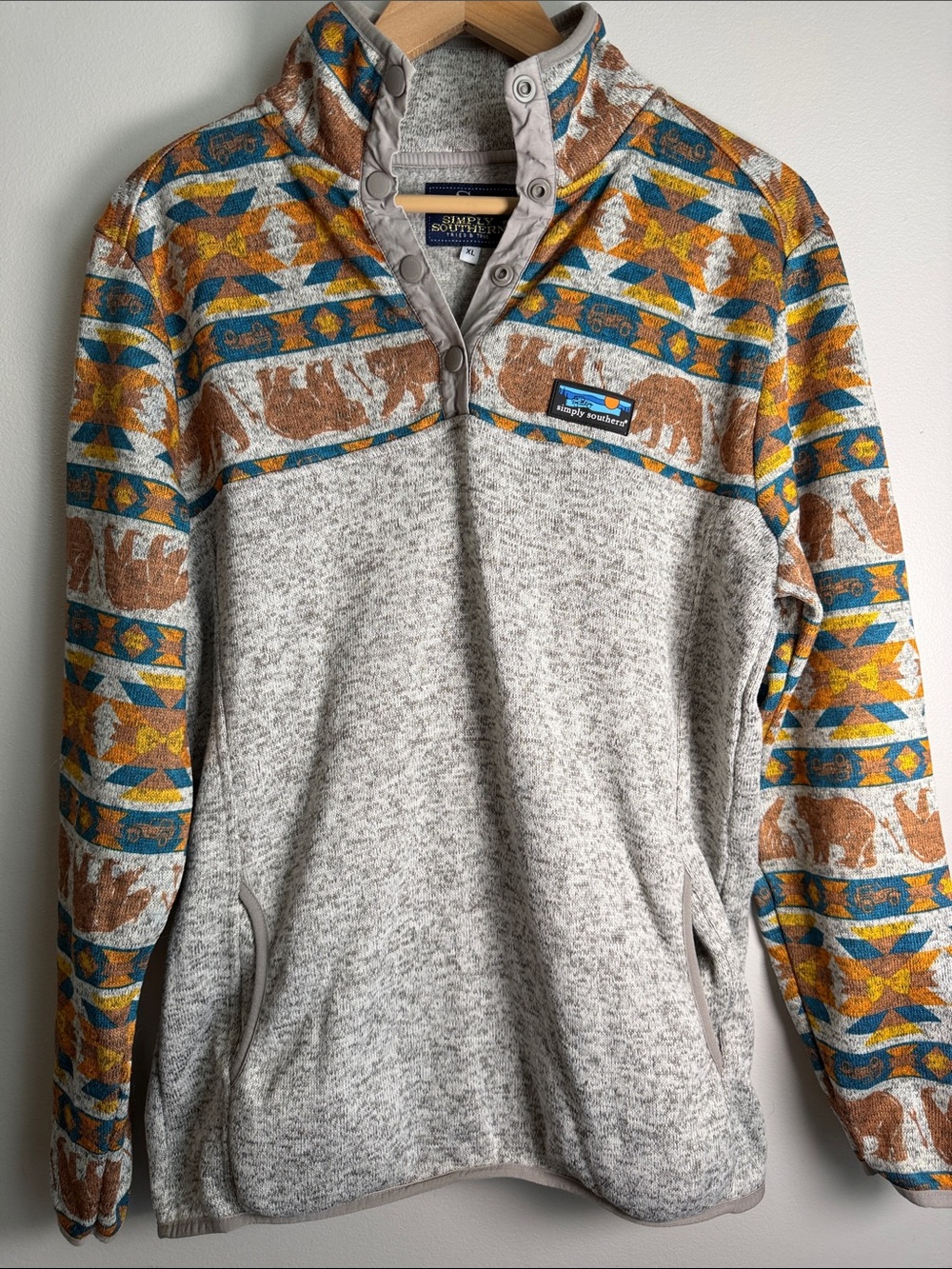 Simply Southern Women's Bear Aztec Knit Fleece Quarter-Snap Pullover, XL